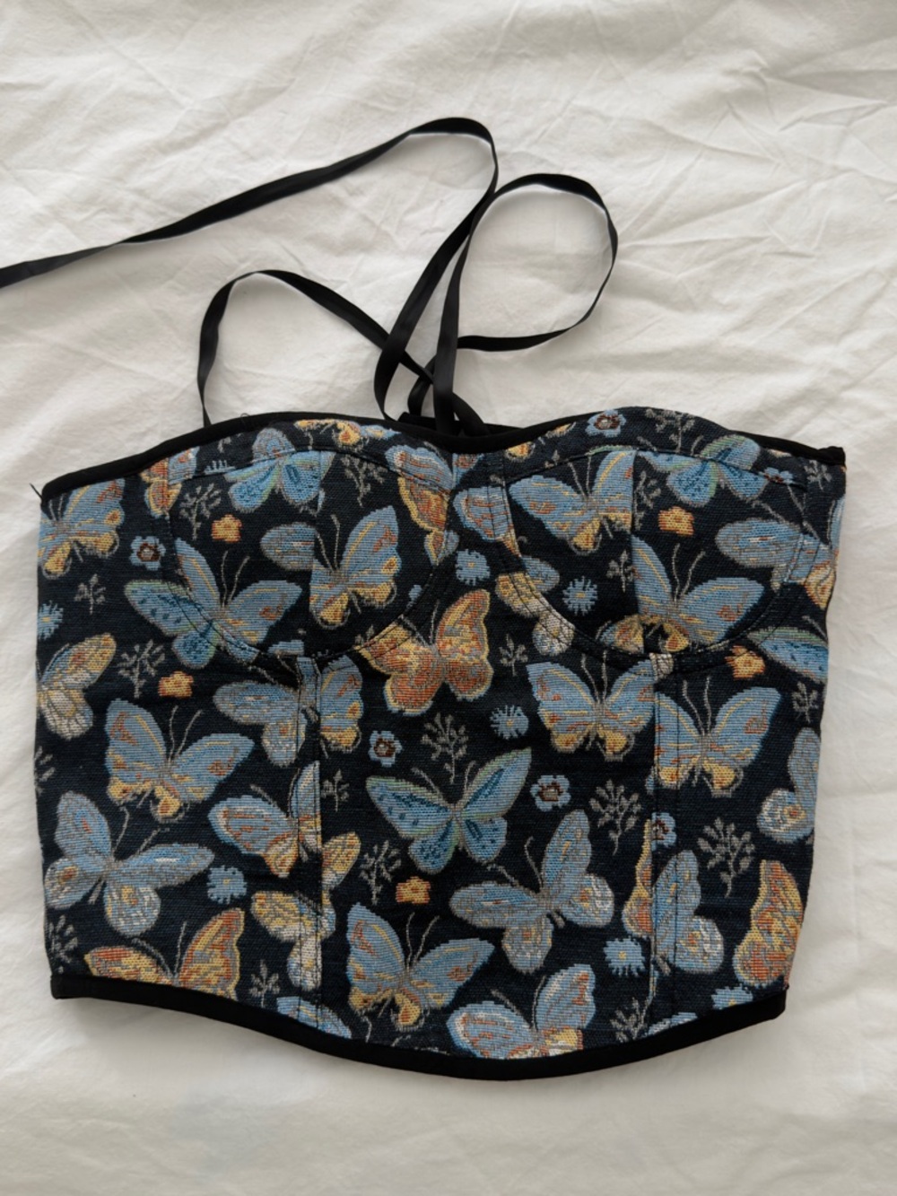 Butterfly Tapestry Bustier Crop Top - Black with Blue & Gold Butterflies